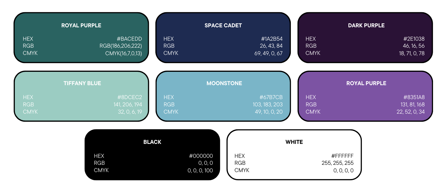 Color palette image for a one-sheet brand guide, featuring eight hues: Royal Purple, Space Cadet, Dark Purple, Tiffany Blue, Moonstone, and more. Each color box neatly presents its HEX, RGB, and CMYK codes. Perfect for concise brand consistency.